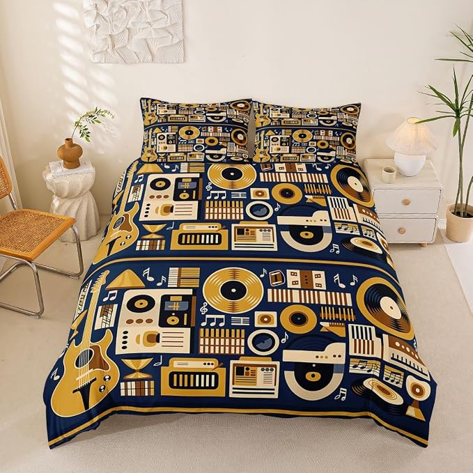 Erosebridal Retro Music Comforter Cover Queen for Boys Men - Vinyl Record Rock Roll Bedding Set Musical Notes Instrument Duvet Cover,Modern Vintage Music Art Bed Set