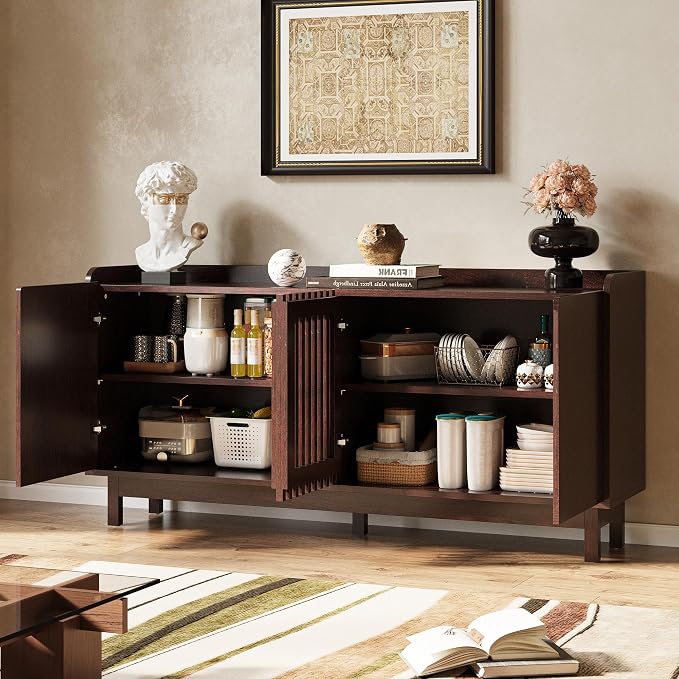 IRONCK 63" Storage Cabinet, Buffet Cabinet with Grille Doors and 2 Adjustable Shelves, Mid Century Sideboard for Kitchen, Dining Room, Entryway（Natural Red Walnut）