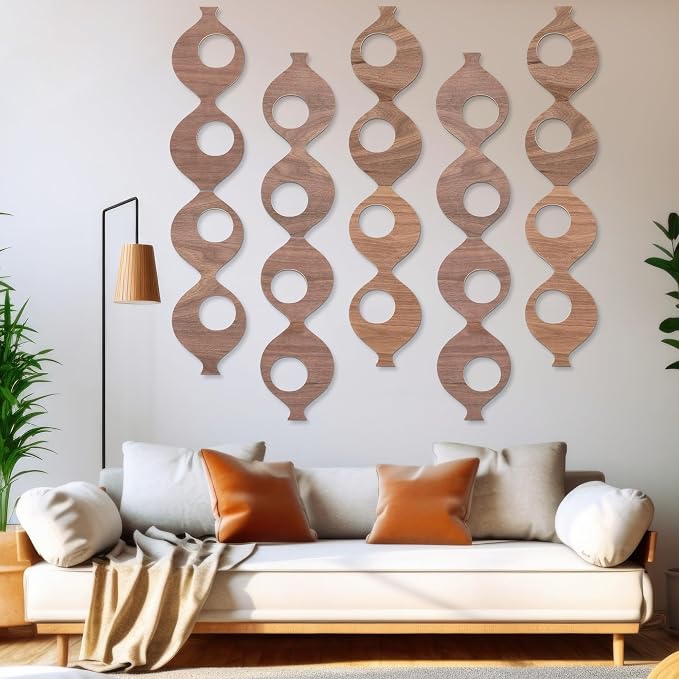 AceOrbit 5Pcs 23.6in Mid Century Wall Art Wood Mid Century Elegance Decor Accents Abstract Wall Sculpture Geometric Panels for Retro 70s Interior Panel Art for Home Living Room Bedroom Decor