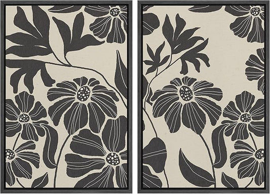 MUDECOR Framed Canvas Print Wall Art Monochrome Floral Botanical Black and White Illustrations Modern Art Decorative Bohemian Colorful Chic for Living Room, Bedroom, Office - 24"x36"x2 Black