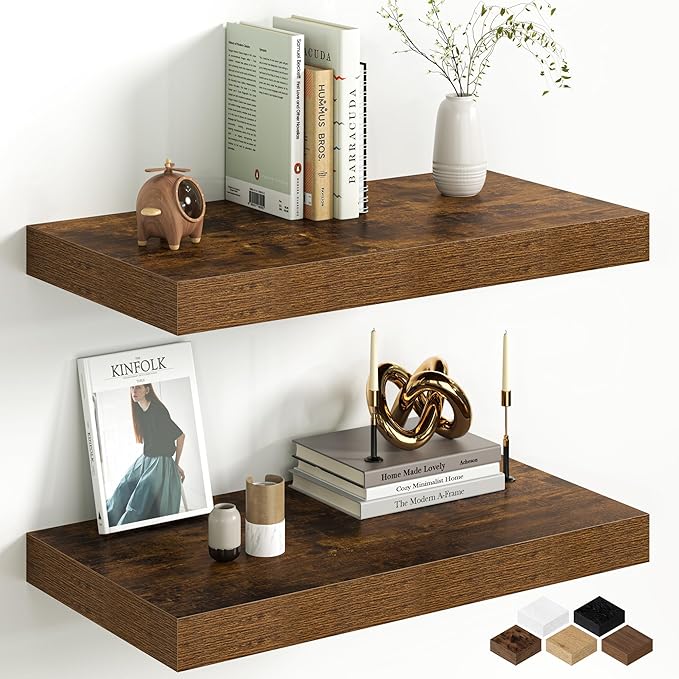 Fun Memories 12 Inch Deep Floating Shelf, 24 x 12 Rustic Wood Wall Shelf for Books, 2" Thick Deep Floating Shelf for Storage & Display in Kitchen, Living Room, Bedroom, Rustic Brown, 2 Packs