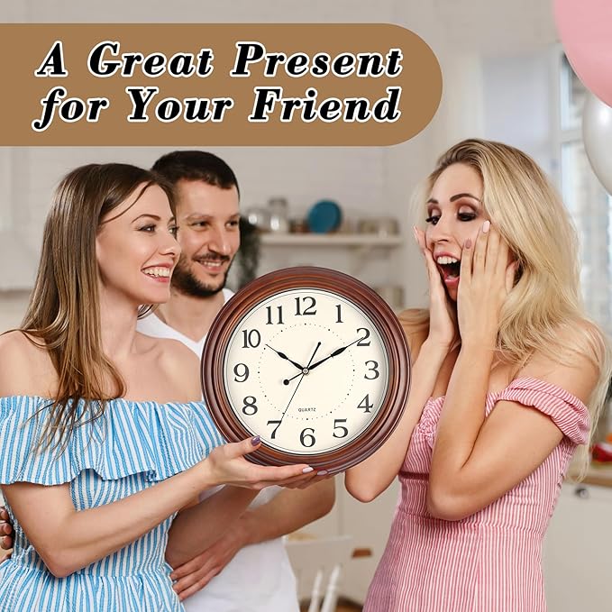 12 Inch Wood Wall Clock, Retro Wooden Wall Clocks Battery Operated, Silent Wall Clock for Living Room Bedroom Housewarming Xmas New Year Present