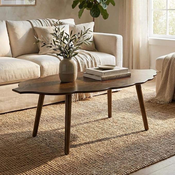 DUOMAY Mid-Century Modern Small Coffee Table, Solid Leaf-Shaped Wood Coffee Table for Living Room, Easy Assembly Center Table End Table with Wood Leg, Side Table for Bedroom Small Space, Brown