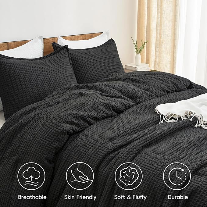 PHF Ultra Soft Waffle Weave Comforter Set Queen Size, 3 Pieces Lightweight Breathable Comfy Bedding Set, Comfy Textured 1 Comforter with 2 Pillow Shams, Black