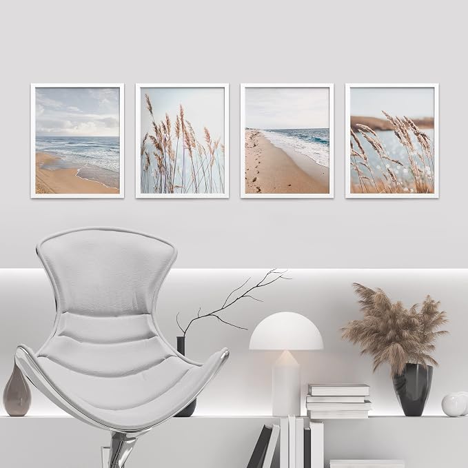 SIGNWIN Framed White Beach Grass Cloudy Ocean Sea Wave Horizon Wall Art, Set of 4 Landscape Colorful Wall Decor Prints, Nature Wilderness Wall Décor for Living Room, Bedroom - 12"x16" White