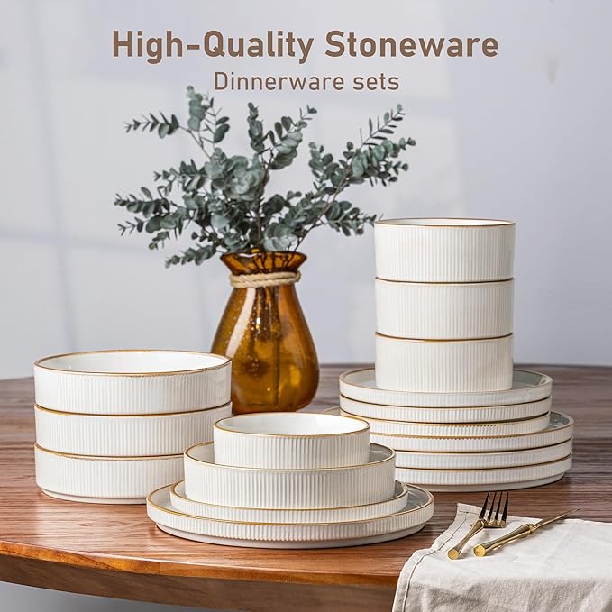 GBHOME 18-Piece Stoneware Dinnerware Set for 6 – Ribbed Ceramic Plates and Bowls, Scratch-Resistant, Microwave & Dishwasher Safe, Reactive Glaze, White with Honey-Brown Edge