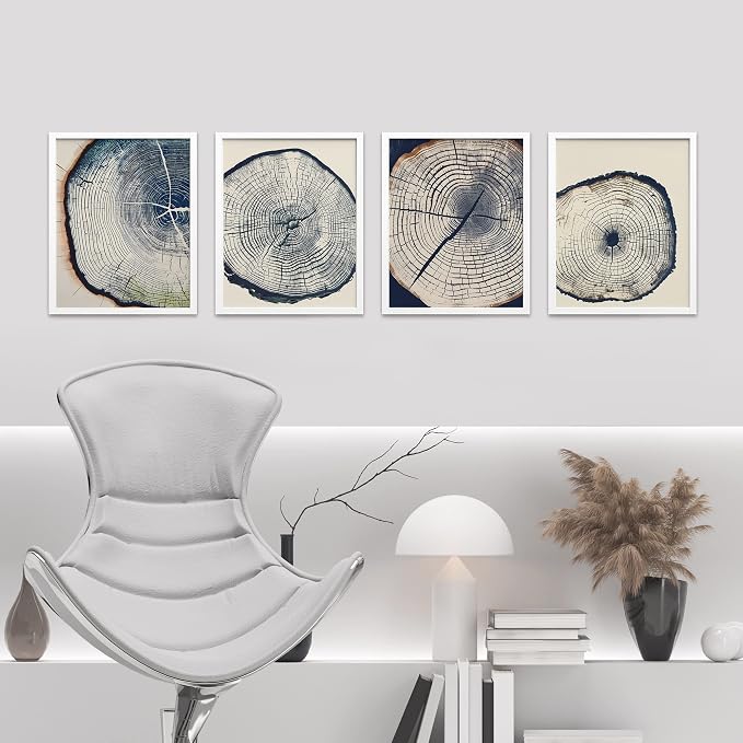 SIGNWIN Framed Blue & White Overexposed Wood Tree Ring Wall Art, Set of 4 Nature Wildernes Wall Decor Prints, Minimalism Wall Décor for Living Room, Bedroom - 11"x14" White