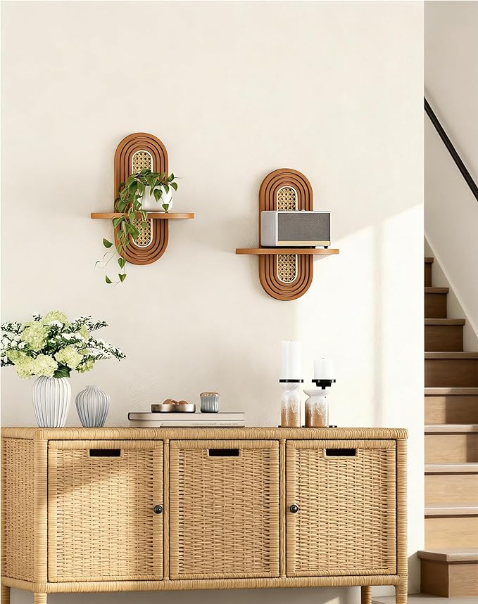 Floating Shelves for Wall, Boho Home Wall Decor,Rattan Plant Shelf Set of 2, Mid Century Small Decorative Shelf, Natural Wood Shelves for Living Room,Bedroom,House,Office (Walnut)