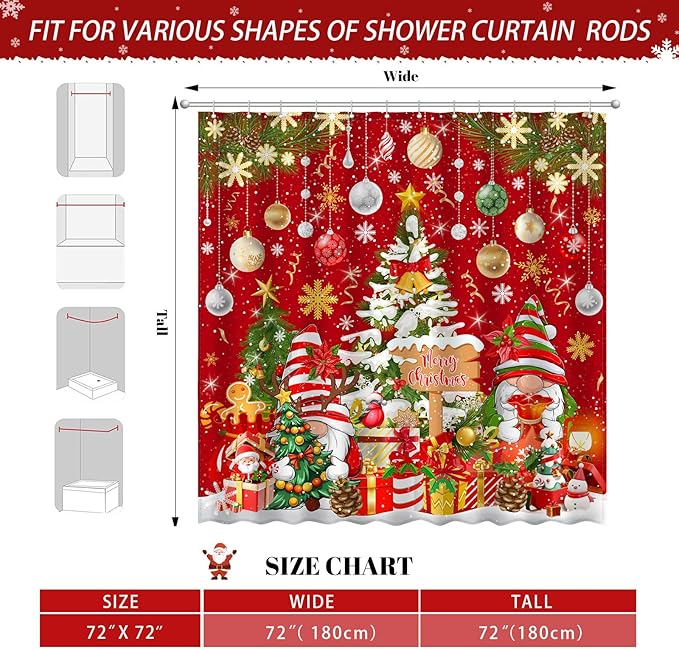 Merry Christmas Gnome Shower Curtain, Winter Xmas Tree Snow Home Holiday Bathroom Decor, Polyester Cloth Fabric Bath Curtain with 12 Hooks 72" W x 72" L Red