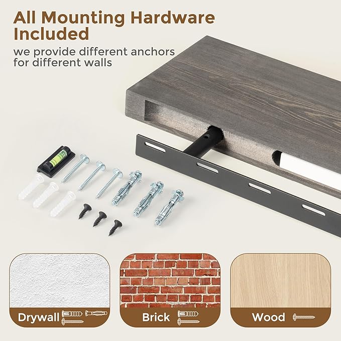 Marsmiles Floating Shelves for Wall - 48 Inch Grey Wood Floating Shelves Set of 1-48 Inch Wide x 7.7 Inch Deep x 1.6 Inch Thick Rustic Wooden Shelves for Room Wall