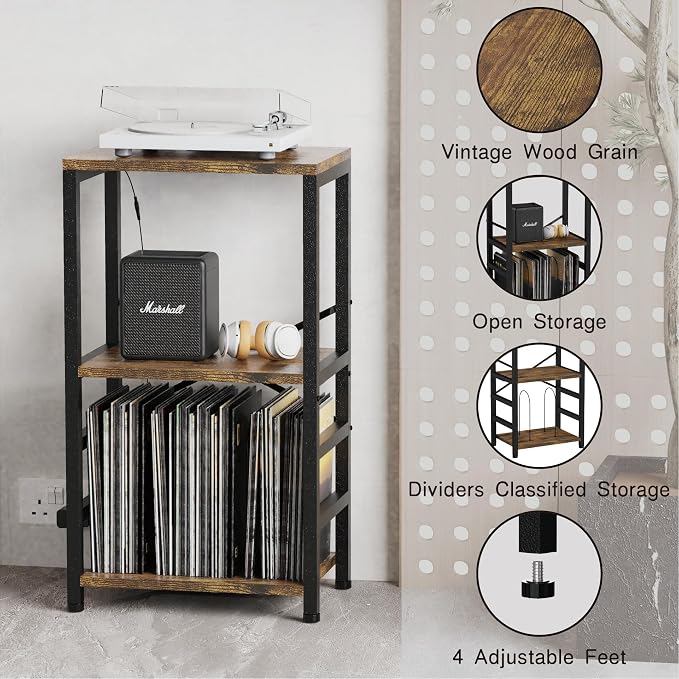 YAKANJ End Table with LED Light,Record Player Stand with Albums Storage,Vinyl Records Storage,Turntable Stand Side Table for Music Room Studio Living Room Bedroom-Retro