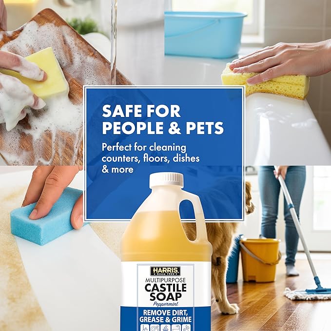 HARRIS Multi-Purpose Pure Liquid Castile Soap for Home Cleaning, Multi-Purpose Cleaner, For Dish Soap, Laundry Detergent, Kitchen and Bathroom Surfaces, Kids Rooms, Scented with Peppermint Oil, 64 Oz