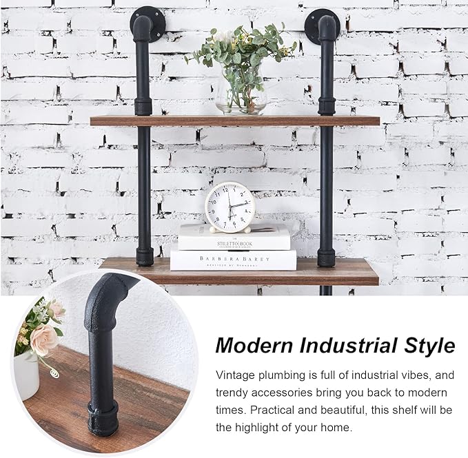 HOMBAZAAR Industrial Pipe Bookshelf,6 Tier Pipe Shelving,Wall Mounted Ladder Shelves with Metal Frame for Home Office,Living Room,Oak Brown