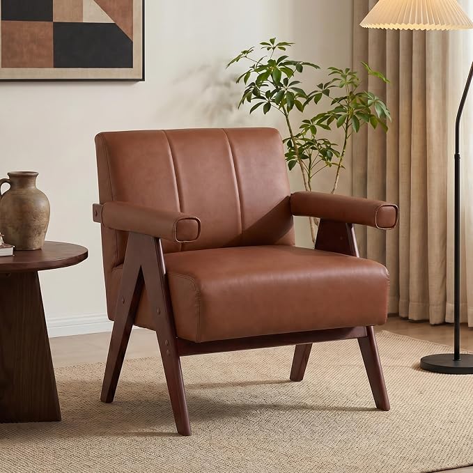 AODAILIHB Mid Century Modern Accent Chair, Solid Wood Frame Brown Leather Armchair, Modern Reading & Living Room Chair for Office Guest & Waiting Room