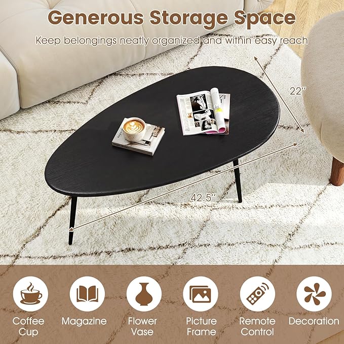Giantex Oval Coffee Table, Mid Century Modern Center Table with Sturdy Metal Frame and Compact Design, Vintage Accent Cocktail Tea Table, Wood Living Room Tables for Small Spaces (Black)
