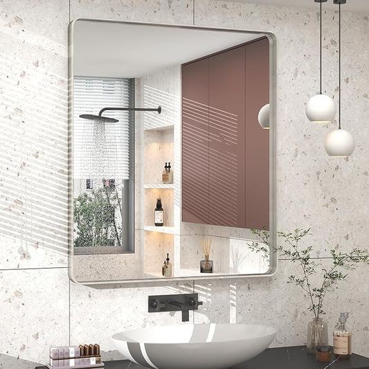 30x36 Brushed Silver Bathroom Mirror, Rounded Rectangle Silver Metal Frame Vanity Mirror for Wall, Brushed Nickel, Anti-Rust, Shatterproof (Horizontal/Vertical)