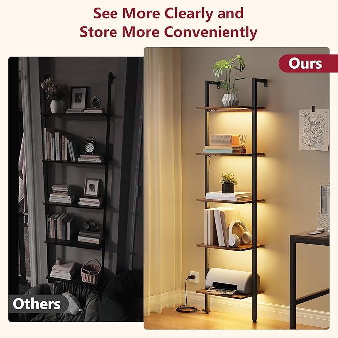 Tajsoon 5-Tier Ladder Shelf with LED Light, Wall Mounted Ladder Bookshelf with Metal Frame, Wall Ladder Bookshelf for Living Room, Bedroom, Office, Rustic Brown