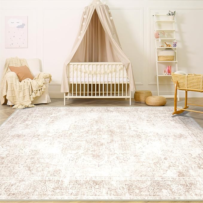 Area Rug 4x6 Vintage Rug: Washable Indoor Medallion Rugs Low Pile Distressed Floor Carpet Retro Accent Rug for Living Room Bedroom Kitchen Dining Table Home Office(Retro Beige, 4'x6')