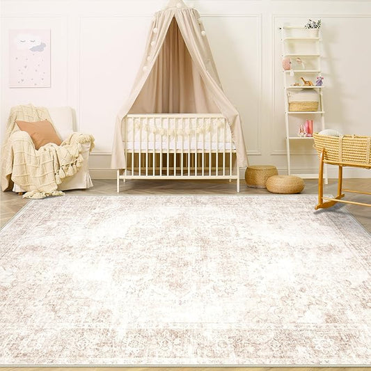 Area Rug 4x6 Vintage Rug: Washable Indoor Medallion Rugs Low Pile Distressed Floor Carpet Retro Accent Rug for Living Room Bedroom Kitchen Dining Table Home Office(Retro Beige, 4'x6')