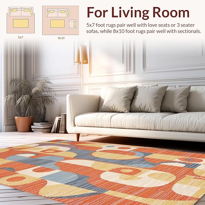 Flatwoven High Traffic Area Rug 4x6, Vibrant Geometric with Artistic Swirls and Colorful Motifs, Non Slip, Stain Resistant, Washable Area Rugs for Living Room, Bedroom (Orange, 4x6)