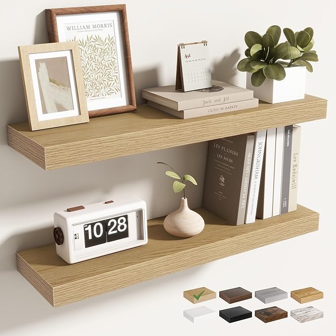 24 Inch Floating Shelves for Wall 2 Pack, 24" Wall Shelves for Books, Storage, Decor, Wall Mounted Floating Shelf with Invisible Brackets for Kitchen, Living Room, Oak