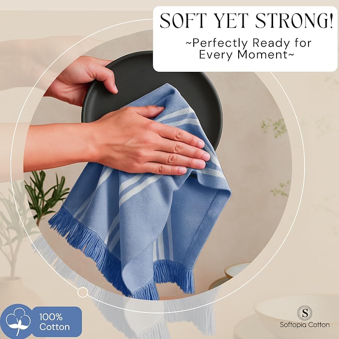 Stripe Kitchen Dish Towels 12 Pack, 16x26 Inches, 100% Cotton Tea Towels, Quick Dry Wash Rags, Reusable and Washable Dishcloths, Absorbent Hand Towel for Everyday Use - Sky Blue