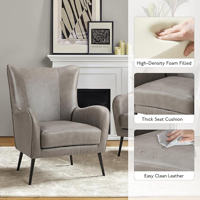 HULALA HOME Faux Leather Accent Chair Set of 2 with Removable Cushion, Comfy Upholstered Armchair with Metal Legs & Nailhead Trim Wingback Vanity Chair for Reading Living Room Bedroom, Grey