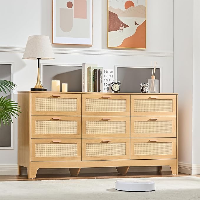 Dresser for Bedroom with 9 Drawers – Wide Chest of Drawers with Pulls Handles, Solid Wood Legs, Easy Assembly, Farmhouse Tall Dressers for Closet, Living Room,Hallway and Entryway Natural oak
