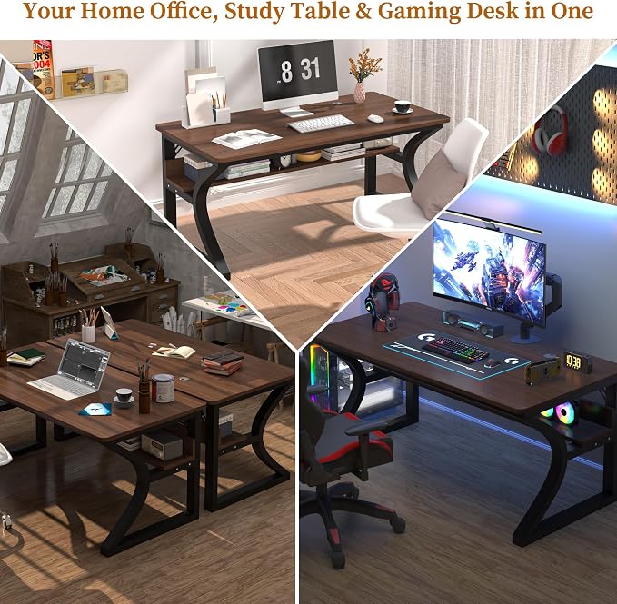 55 X 23.6'' Computer Desk, Home Office Desks w/Shelf Storage, Computer Desk w/Metal Frame, Cable Management, Study Student Desk Writing Work Table Deeper & Thicker Desktop for Home Bedroom