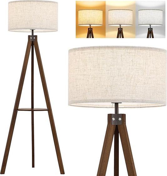 ELYONA Tripod Floor Lamp with Table, Mid Century Wood Shelf Standing Light Modern Tall Floor Lamp with Linen Shade for Living Room Bedroom Office,Dark Brown, 3 Color Temperatures LED Bulb Include