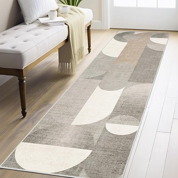 Beige Runner Rug 2x8 Floral Washable Rug Runners for Hallway Kitchen,Long Modern Geometric Rugs for Bedroom Entryway Bathroom,Non Slip Floor Carpet