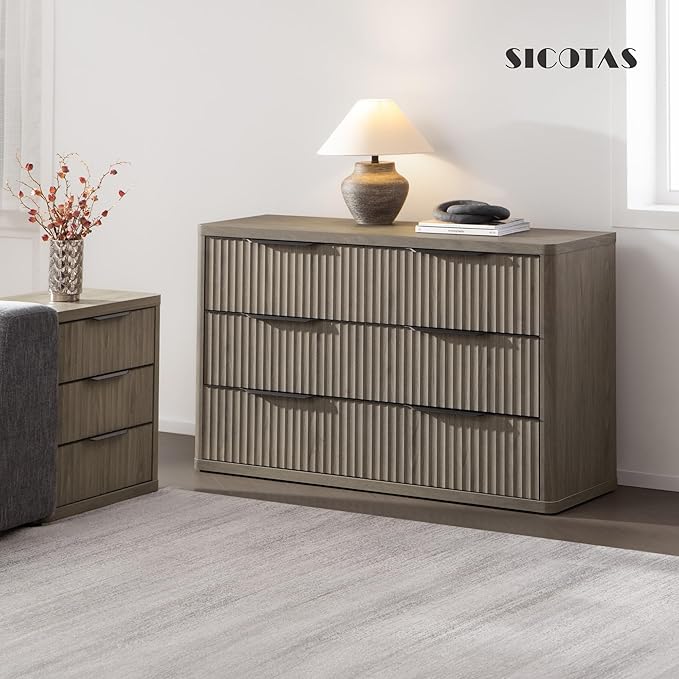 SICOTAS Dresser for Bedroom 53.5" Wide 6 Drawer Dressers & Chests of Drawers for Closet Long Large Modern TV Stand Set for Clothes Storage Fluted Clothes Closet for Hallway Entryway, Grey Alder