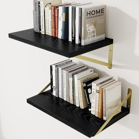 Deep Wall Shelves 16"W x 12"D Engineered Wood Floating Shelves for Wall, Sturdy Metal Bracket(Gold) Bookshelves Home Decor Storage for Living Room Bedroom Bathroom Kitchen, Set of 2, Black Finish