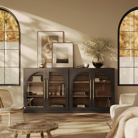 BELLEZE Set of 2 Modular Sideboard with Arched Glass Door, Accent Display Buffet Cabinet with Storage and Adjustable Shelves, 65'' Classic Modern Credenza for Dining Room Living Room Entryway (Ebony)