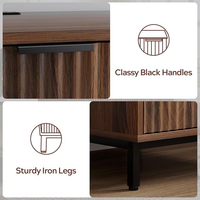 47" Office Desk with Fluted Drawers, Wooden Home Exectuive Desk with Storage Cabinet, Charging Station, Metal Legs Modern Farmhouse Computer Desk for Work, Study, Brown