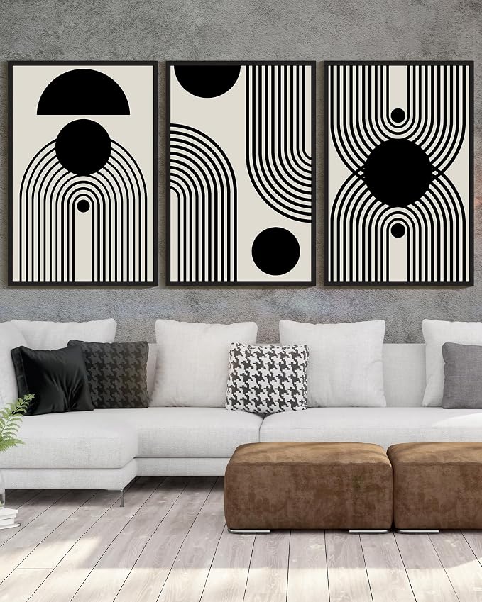 Drsoum Large 24x36in Black and White Abstract Framed Wall Art Decor Duotone Minimal Dark Brush Stroke Prints Shapes Illustrations Modern Art Decorative Ready To Hang - Black Framed