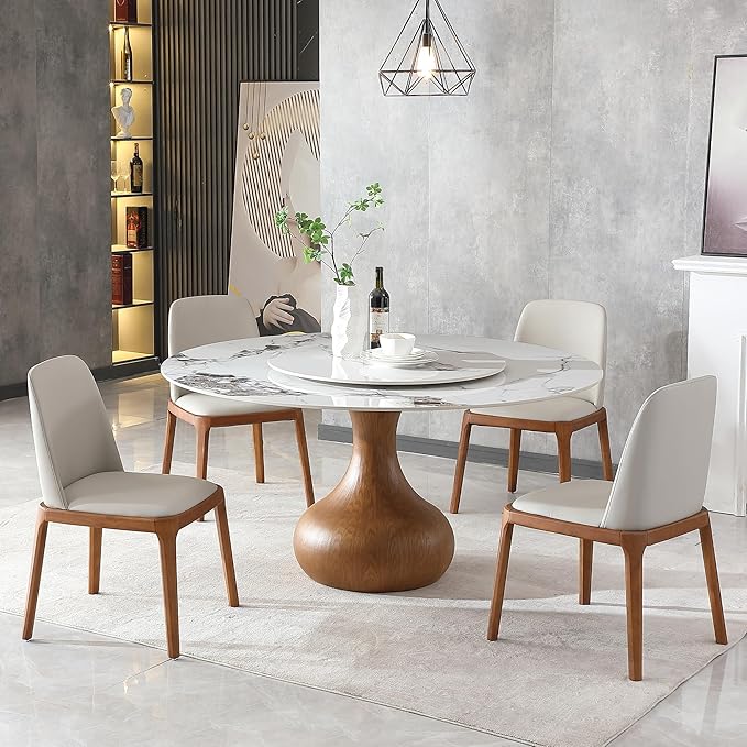 Montary 5 Piece Modern Dining Table Set of 4, Round 53" D Faux Marble Dining Table with Lazy Susan, Sintered Stone Top and Wood Base Dining Room Table with 4 Dining Chairs