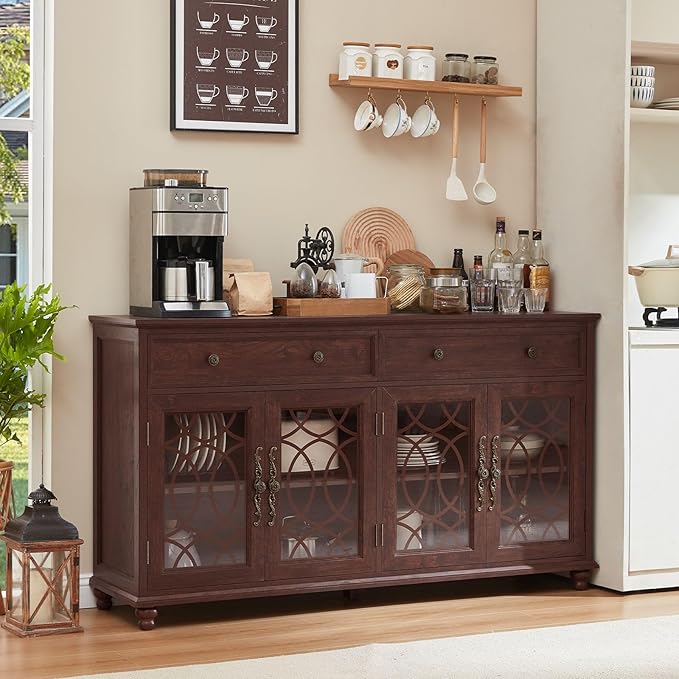 Farmhouse Sideboard Buffet Cabinet with Storage,59" Large Credenza with 4 Glass Doors & 2 Drawers,Adjustable Shelves Console Table,Wood Kitchen Coffee Bar for Dining Room,Living Room,Walnut
