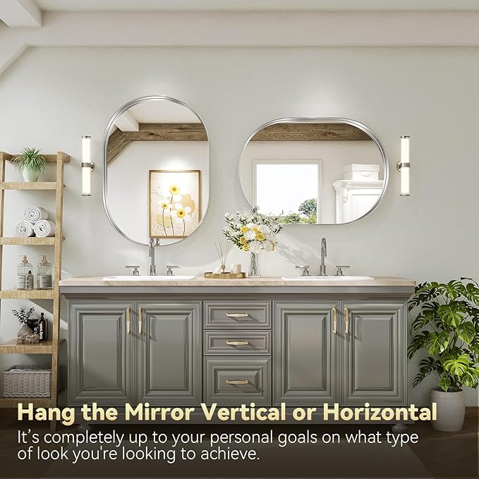 Brightify Silver Oval Mirror for Bathroom 24x36 Inch, Matte Silver Vanity Mirrors Metal Frame, Wall Mounted Mirror for Bedroom Dress Room Wall Decorative Hang Vertical and Horizontal
