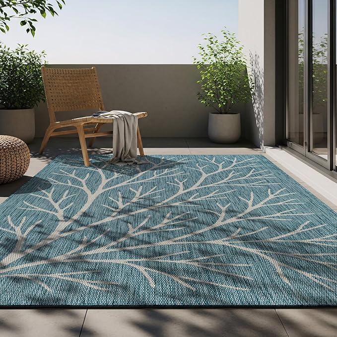 Washable Indoor Outdoor Rug 6x9 Modern Area Rugs Branch Pattern Non Shedding Waterproof Easy Clean Patio Deck Porch Living Room Bedroom Garden RV (6 X 9 Aqua)