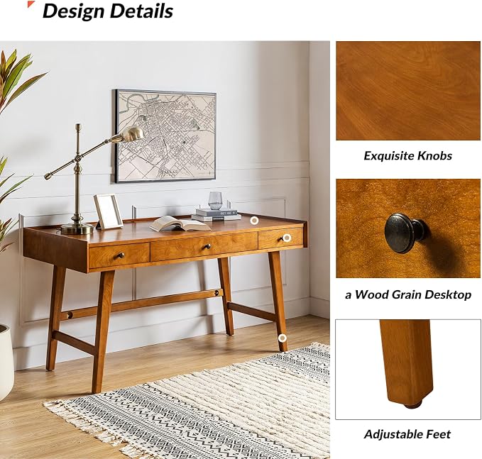 HULALA HOME Home Office Desk with 3 Drawers & Solid Wood Legs, Writing Table with Charging Station & Cable Management, Mid Century Modern Desk for Bedroom/Living Room/Study/Workstation, Acorn