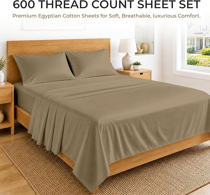 SGI bedding 100% Egyptian Cotton Sheets California King Size – 600 Thread Count Sheets Set, Soft, Cooling, 15" Deep Pocket, Luxury Hotel Bedding, Breathable, Durable - Taupe
