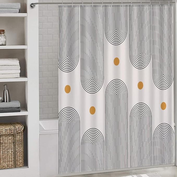 Boho Mid Century Shower Curtain, Minimalist Abstract Arch Sun Modern Bathroom Curtain Polyester Waterproof Fabric Decor 66x72in（168x183cm）