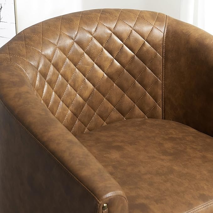 KINWELL 29" Wide Tufted Faux Leather Swivel Barrel Chair Set of 2, PU Leather Modern Upholstered Accent Chairs with Nailhead Trim, Small Armchair for Living Room Bedroom, Coffee