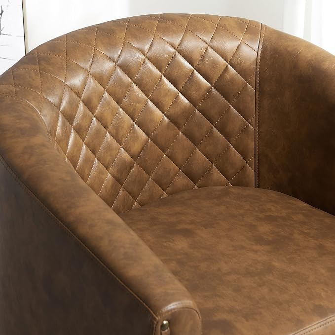 KINWELL 29" Wide Tufted Faux Leather Swivel Barrel Chair, PU Leather Modern Upholstered Accent Chairs with Nailhead Trim, Small Armchair for Living Room Bedroom, Coffee