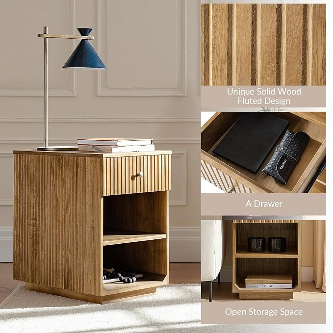 HULALA HOME Mid-Century Modern End Table with Drawer and Open Shelves, Solid Paulownia Wood Side Table, Brass Knob, No Assembly Required(Acorn)