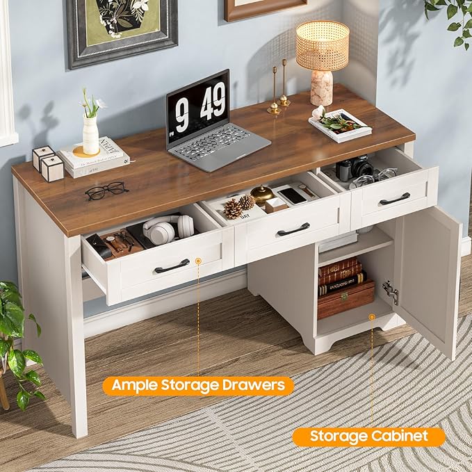 Vabches Farmhouse 55" Executive Desk,Computer Desk with 3 Drawers and Storage Cabinet,Home Office Desk for Work and Study