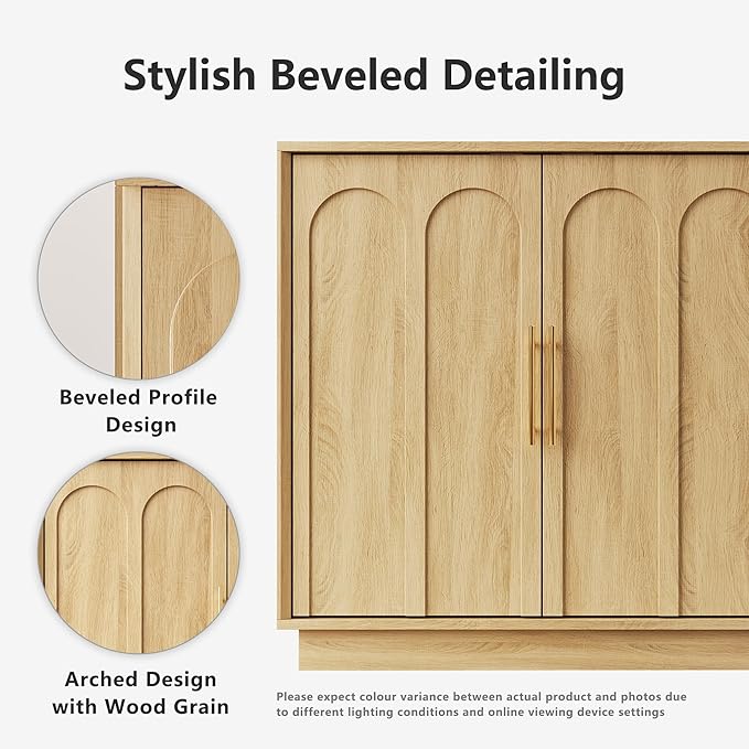 Sideboard Buffet Cabinet with Storage Set of 2, Mid Century Modern Accent Cabinet with Arched Doors, Modular Media Console, Credenza for Living Room Kitchen Dining Room Entryway, Oak