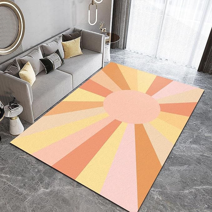 5x8 Area Rug Orange Pink Yellow Ray Stripes Art Area Rug, Mid-Century Abstract Boho Sun Soft Washable Rug, Anti-Slip Backing Decorative Rugs for Living Room Bedroom Kitchen Dining Room Home Rug