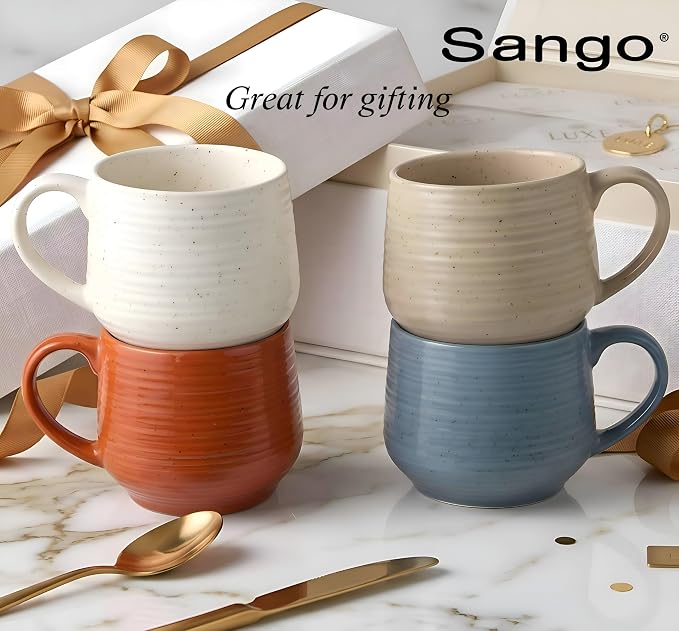 SANGO 17.5 oz Stoneware Coffee Mugs Set of 4, Rustic Ceramic Mug with Speckled Reactive Glaze, Large Pottery Drinkware for Coffee or Tea, Dishwasher & Microwave Safe Mugs, Siterra Painter’s Palette